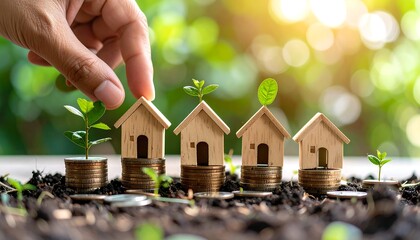 Hand placing house on coins  plants.