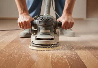 Close-up of hands operating floor sander on wooden surface with sawdust