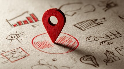 Red Location Pin Surrounded by Business Sketches and Colored Pencil Drawings on a Textured Paper Background