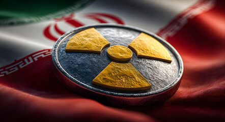 Iran nuclear program concept illustration with reactor and radiation symbol on iranian flag background