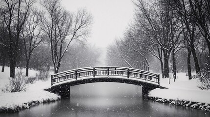 Serene Winter Wonderland with Snowy Bridge and Tranquil Waters in a Snowfall Landscape Ideal for Winter-Themed Imagery and Seasonal Designs
