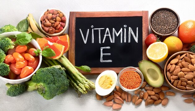healthy foods high in vitamin e with wooden board labeled vitamin e