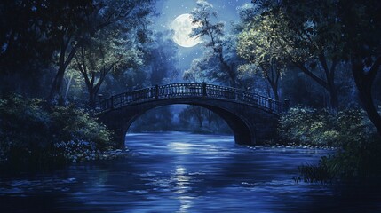 Serene Night Scene Featuring a Charming Bridge Over a Quiet River Illuminated by a Full Moon Amidst Lush Trees and Sparkling Stars