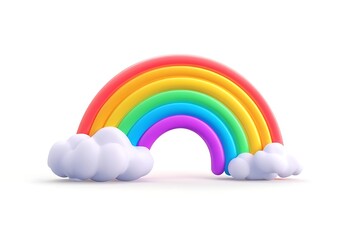 Colorful spectrum rainbow in bright summer sky with cartoon clouds vector illustration