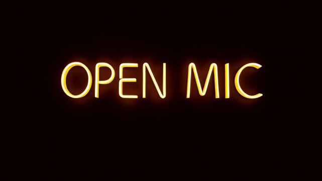 Neon sign that says open mic in a dark room