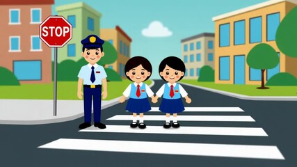 Animated Illustration of School Children Crossing the Road with Policeman and STOP sign - Powered by Adobe