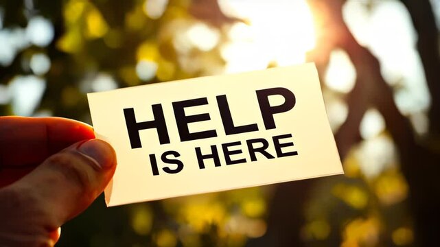 Someone holding a sign that says help is here
