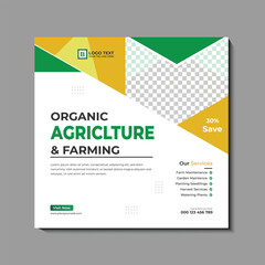 Garden management and lawn mowing service poster template. Agriculture farming business social media post vector with green and yellow colors. Gardening service discount template for marketing