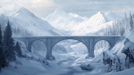 Serene Winter Landscape with Snow-Covered Mountains and a Majestic Stone Bridge Spanning a Frozen River in a Tranquil Snowy Environment