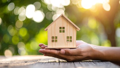 Hands holding wooden house model.