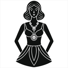 ( pendants) Elegant woman vector silhouette with ornate dress, perfect for zodiac or fashion design./A stylized, black and white silhouette of a woman, likely representing a zodiac sign..