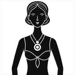 (pendants)Stylish Woman in a Swimsuit with a Statement Necklace Vector Silhouette/A black and white silhouette of a woman wearing a stylish swimsuit and a striking necklace.