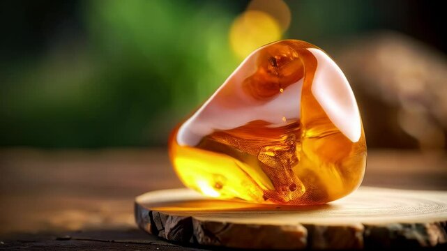 Close up shot of a shiny amber gemstone sitting on top of a cut wooden log revealing the internal structure of the fossilized tree resin.