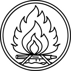 A simple campfire illustration featuring a circular outline of flames and wooden logs perfect for camping outdoor adventures and various design projects.
