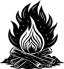 Black and white campfire illustration burning flames bonfire with firewood and campfire outline for camping travel or adventure designs
