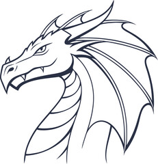 Fierce dragon head profile in outline style with wing features depicting mythical creature artwork for fantasy designs and conceptual creative projects