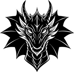 Fierce dragon head in black and white decorative stylized illustration for graphic design and fantasy concepts
