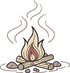 Hand drawn camping bonfire illustration with burning flames and steaming smoke over a log pile and stones for outdoors activities