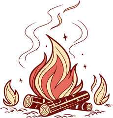 Illustrated campfire illustration with burning flames and firewood perfect for camping design and outdoor themes on a white background.