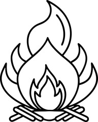 Simple black and white illustration of a campfire flames burning with burning wood a great design element