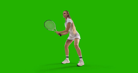 Woman tennis player playing tennis on green screen background.