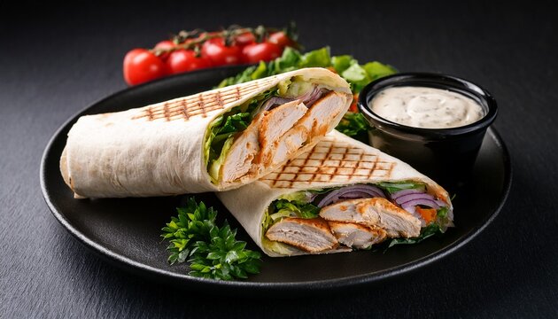chicken shawarma wrap with onions vegetables and herbs in pita bread served on black plate with sauce