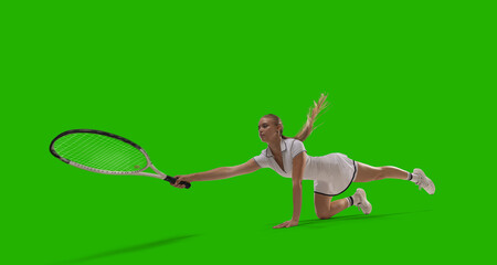 Woman tennis player playing tennis on green screen background.