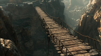 A breathtaking view of an old wooden suspension bridge over a chasm connecting two rocky cliffs, surrounded by dramatic natural scenery and sunlight filtering through mist.