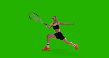 Woman tennis player playing tennis on green screen background.