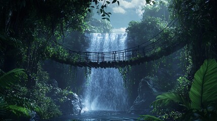 Serene Waterfall Cascading Down Rocky Cliff Surrounded by Lush Greenery and Tropical Plants, with a Suspended Bridge in a Mystical Jungle Setting