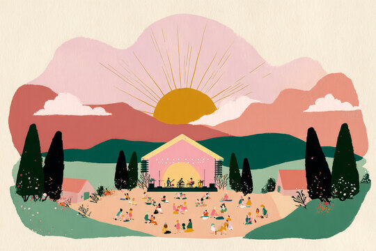 A vibrant outdoor stage hosts a live band playing music as the sun sets behind the mountains. The audience enjoys the warm atmosphere surrounded by lush greenery