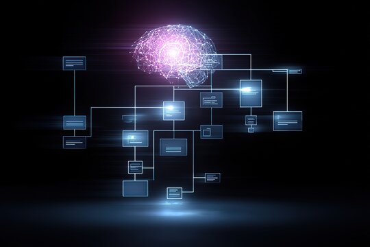 Modern business AI brain surrounded by flowcharts and code lines
