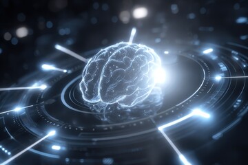 Modern business AI brain surrounded by flowcharts and code lines
