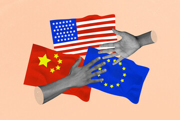 3d art creative full zine photo collage of business people hands government america europe china...