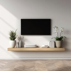 A modern minimalist living room featuring a floating shelf with decorations, a television mounted on the wall, and indoor plants