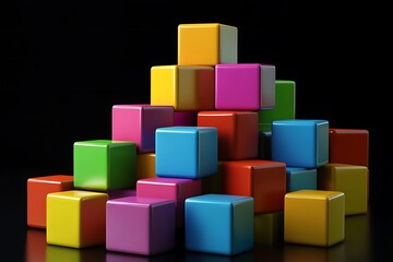 Stacked Vibrant Cubes Abstract 3D Geometric Sculpture on Dark Background

