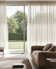 Light-filled living area with sheer curtains