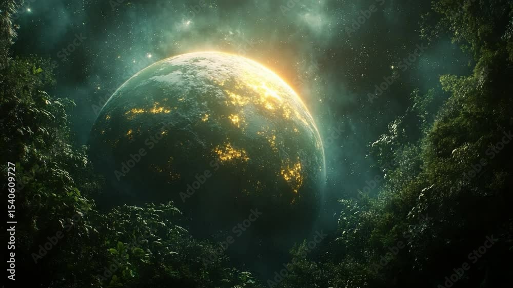 Poster celestial realm: a captivating image showcases a planet of vibrant colors, rising above lush, otherw