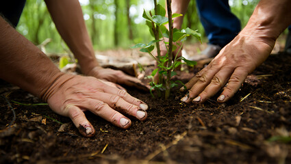 Planting a sapling teamwork in a forest setting