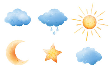 Vector stylized illustrations of clouds, rain, sun, crescent moon, star. Set of elements for weather design in watercolor style.