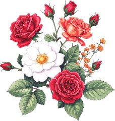 Fototapeta premium Colorful bouquet of red and white roses in full bloom. Elegant rose flowers, vibrant red, pink, and white hues. Beautiful floral arrangement of red and white roses. bouquet with roses in various shade