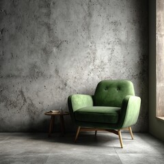 A stylish green armchair placed in front of a concrete wall, creating a modern and minimalist setting. A small wooden table is placed near the armchair