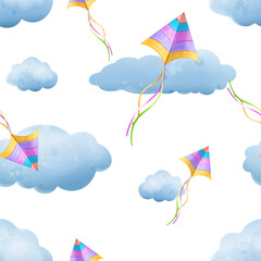 Seamless pattern with colorful kites on blue clouds background.Vector watercolor illustration for children's design.