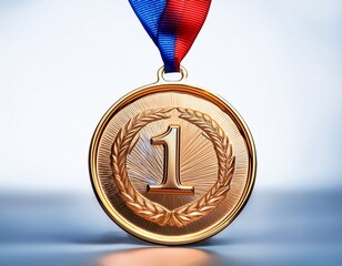 a gold medal with number one engraved for winners with a blue white and red strap