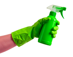 Hand in green rubber glove holding spray bottle – cleaning product, disinfection, and hygiene concept on white background