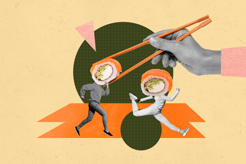 Composite poster image art collage of human hand hold chopsticks philadelphia sushi roll nutrition...