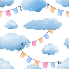 Cute seamless pattern with clouds and garlands with flags. Vector background in watercolor style for baby shower design