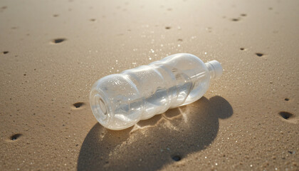 Clear plastic bottle lies forgotten on sandy beach, a stark visual of environmental pollution and the urgent call for responsible waste disposal