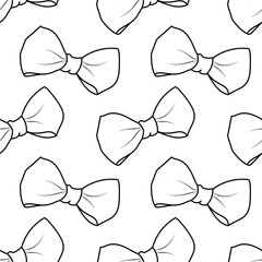 Seamless pattern with hand drawn black contour bow tie on a white background. Black and white cute background for textile design, wrapping paper, anniversary. Vector illustration