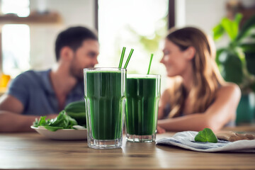 A young couple enjoying green spirulina smoothies at a kitchen island.